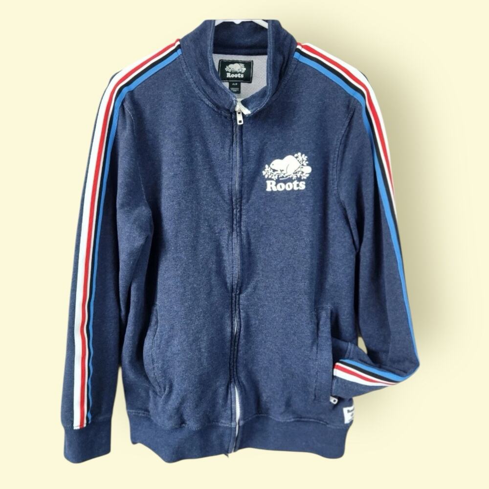 Roots Vtg‎ Y2K Track Jacket Blue Rainbow Sleeve Full Zip Pockets Size S Canada
